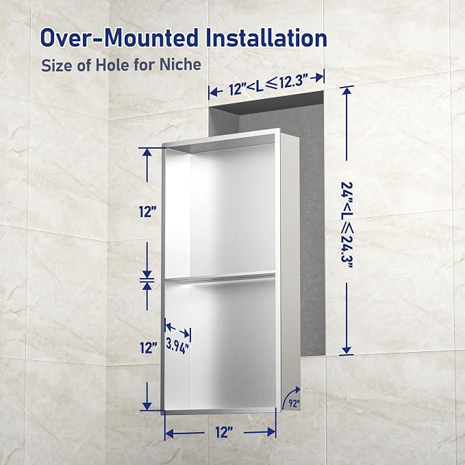 Stainless Steel Shower Niche 24" X 12" Brushed No Tile Needed Wall Niche Double Shelves Recessed Shower Shelf for Bathroom Storage Over Mount Installation