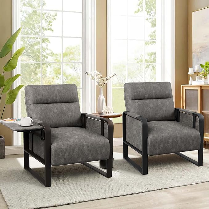 Modern PU Leather Accent Chairs Set of 2 Upholstered Armchairs with Side Table Leisure Side Chairs for Living Room Bedroom Office Grey