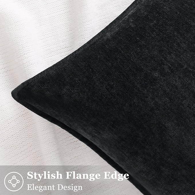decorUhome Fall Couch Throw Pillow Covers 18x18 Set of 2, Decorative Soft Velvet Modern Cozy Chenille Pillow Cases with Elegant Design for Sofa Bed Living Room Home Decor, Black