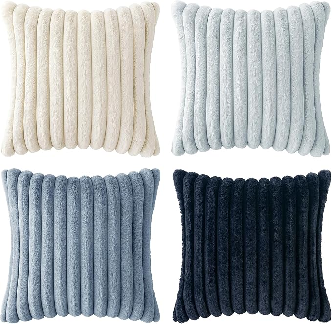 MIULEE Faux Fur Plush Decorative Throw Pillow Covers 24x24 Set of 4, Spring Modern Soft Fuzzy Coastal Striped Cushion Covers for Sofa Couch Bed Living Room Cozy Home Decor,Navy Blue