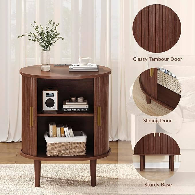 DHH Mid Century Modern Nightstand with Charging Station, Fluted Accent Side Table with Sliding Door & Adjustable Shelf, End Table for Small Space, Living Room, Bedroom,Sofa Couch (1, Walnut)