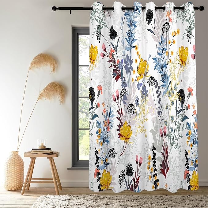 Renaiss Botanical Plants Blackout Curtains, Wild Flowers Plants Print Thermal Insulated Bedroom Window Curtains, Boho Floral Window Drapes for Living Room, 84" L x 53" W 2 Panel Set
