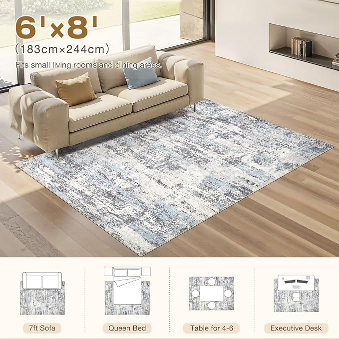Area Rugs for Living Room: 6x8 Abstract Washable Rug Modern Neutral Large Soft Stain Resistant Non-Slip Backing Machine Table for Bedroom Dining Room Indoor Home Office Carpet - Blue Grey