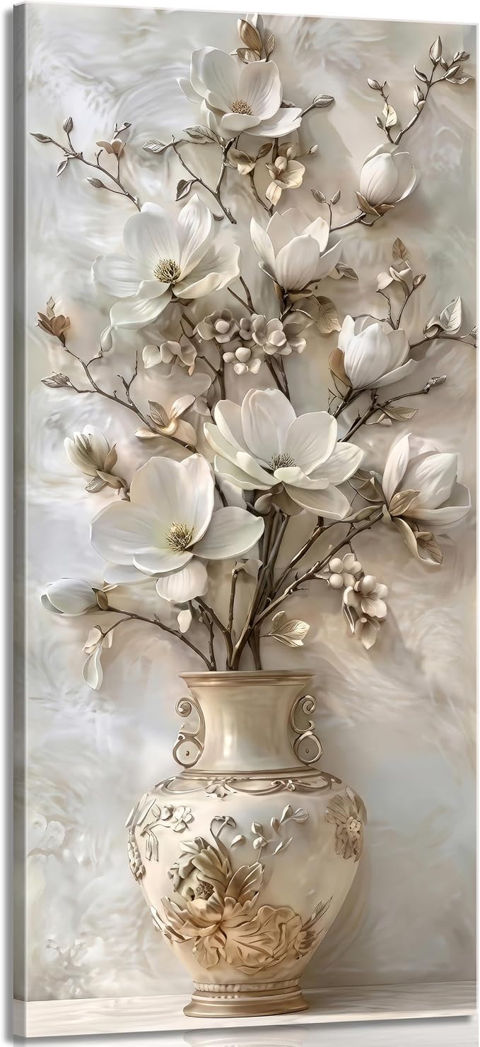 Large White Floral Canvas Wall Art Gold Vase Flower Painting Picture Wall Decor Flowers Botanical Poster Print Artwork for Living Room Bedroom Hallway Office