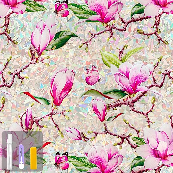 Window Privacy Film Stain Glass Window Film Rainbow Window Film Window clings Non-Adhesive Reusable Decorative for Room (Rainbow Magnolia, 17.5 X 78.7 in)