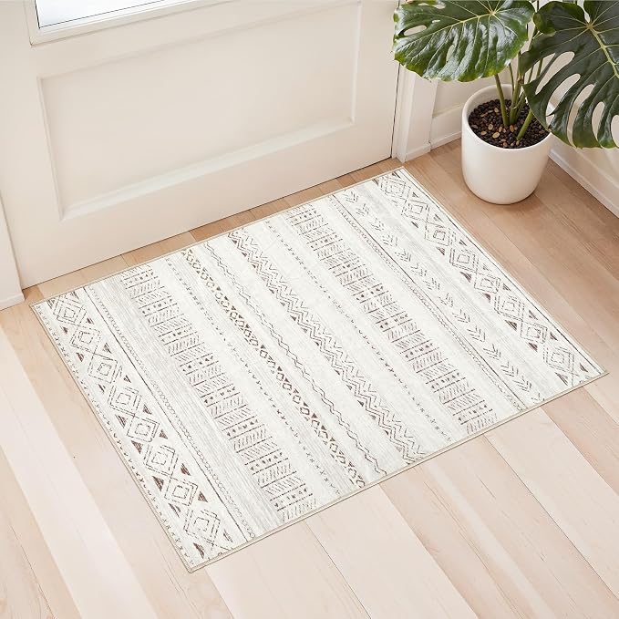 cotiled Washable 2x3 Entryway Rug: Washable Boho Rugs with Non Slip Backing Small Soft Indoor Stain Resistant Carpet for Kitchen Front Lightweight Home Decor L Brown/Cream