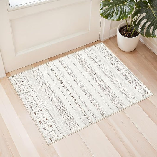 cotiled Washable 2x3 Entryway Rug: Washable Boho Rugs with Non Slip Backing Small Soft Indoor Stain Resistant Carpet for Kitchen Front Lightweight Home Decor L Brown/Cream