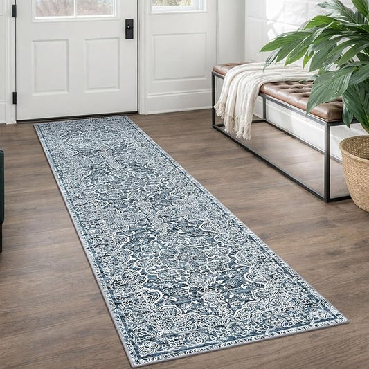 KUTA Vintage Washable Runner Rug, 2x7 Non-Slip Vintage Blue White Hallway Kitchen Runners Soft Printed Distressed Tribal Farmhouse Floor Carpet Rugs for Laundry Bedroom Living Room