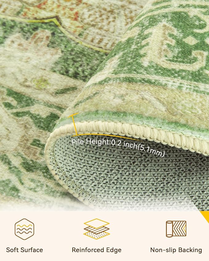 RELEANY Area Rugs Round 4ft Washable Non-Slip, Floral Vintage Distress Medallion Carpet for Living Room Bedroom Dining Room, Sage Green Yellow