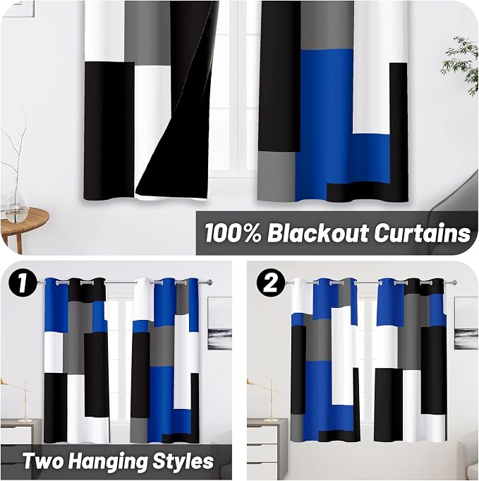 Tyrot Blue Gray 100% Blackout Curtains 45 inch Length 2 Panels Set White Grey Modern Abstract Geometric Drapes for Kitchen Black Out Curtains Insulated Room Darkening Small Window Curtains, 42Wx45L