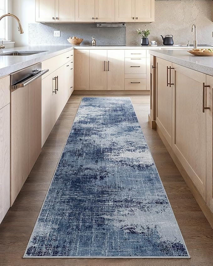 Runner Rugs for Hallway 2'6"x10', Modern Abstract Machine Washable Runners for Kitchen Entryway Bathroom Bedroom Laundry RoomLow Pile Lightweight Thin Non Slip Runner Rug, Dark Blue