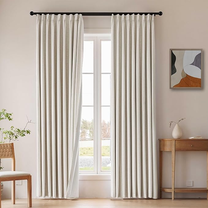 Pinch Pleated Curtains 95 Inch Long 100% Blackout Thermal Insulated Natural Linen Pinch Pleat Viral Drapes with Hooks Rings 2 Panel Sets Back Tab Window Curtains, 40" Wx95 L