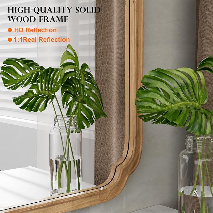 WallBeyond 28" x 40" Rounded Corner Arch Wall Mirror with Wood Frame for Entryway, Living Room or Bedroom Home Decor - Light Woodgrain [28 x 40 inches, Honey-Colored]