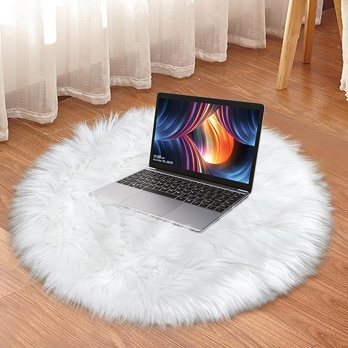 White Faux Fur Rug Small Round Fluffy Rug 2x2 Feet Round Rug for Kids Room Round Fuzzy Throw Rug for Bedroom Non-Slip Shag Faux Fur White Circle for Living Room Round Furry Rugs for Girls Room