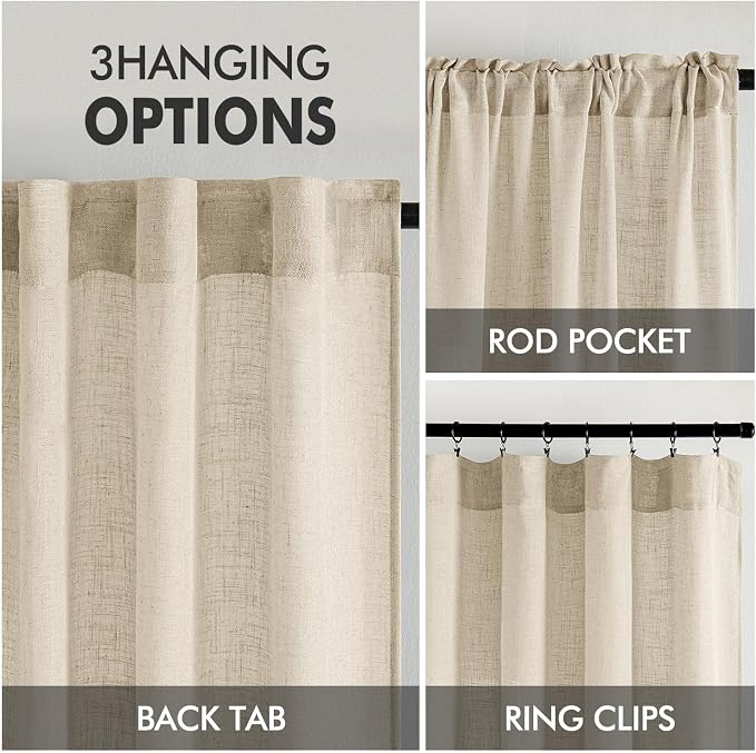 MIULEE Linen Curtains 96 Inch Length 2 Panels for Bedroom Living Room, Soft Thick Linen Textured Back Tab Window Drapes Semi Sheer Light Filtering Rod Pocket Modern Farmhouse Decor