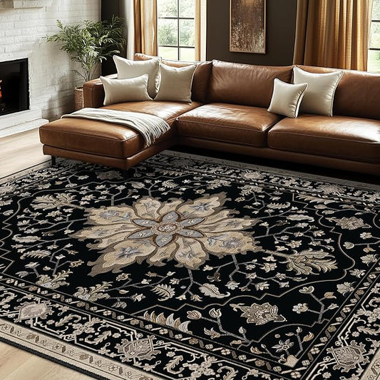 RELEANY Area Rugs 7'x10' Washable Non-Slip, Floral Vintage Distress Medallion Carpet for Living Room Bedroom Dining Room, Black Brown Neutral Dark Tan