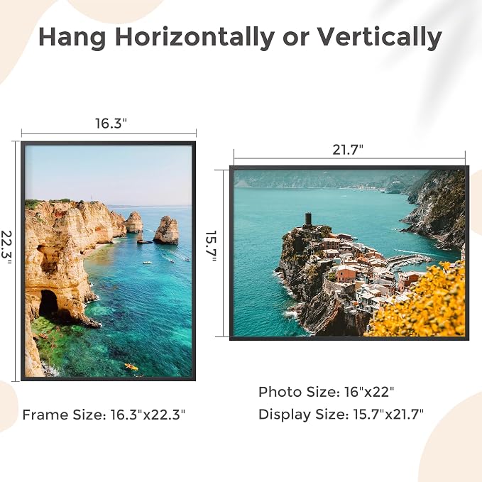 FLYJOE 16x22 Metal Picture Frame - Black Aluminum Picture Frames with Real Glass, Wall Mounting Horizontally or Vertically, Diploma, Certificates and Decor for Wall Gallery 22x16 Frame, Black