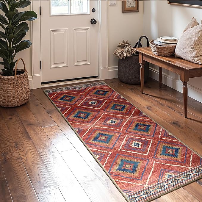 BESTSWEETIE Area Rug 2x5 Rug Machine Washable Non-Slip Low Pile Print Pattern Western Rug for Living Room Bedroom Entryway Tribal Series-Red/Orange