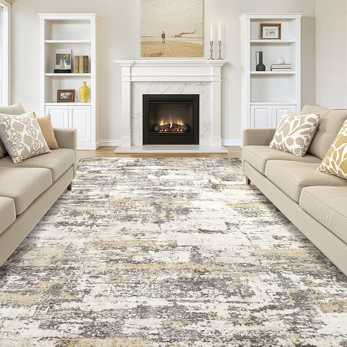 Area Rugs for Living Room: 10x13 Abstract Washable Rug Modern Neutral Large Soft Stain Resistant Non-Slip Backing Machine Table for Bedroom Dining Room Indoor Home Office Carpet - Gold Brown