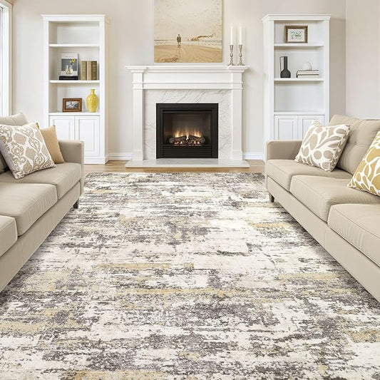 Area Rugs for Living Room: 10x13 Abstract Washable Rug Modern Neutral Large Soft Stain Resistant Non-Slip Backing Machine Table for Bedroom Dining Room Indoor Home Office Carpet - Gold Brown