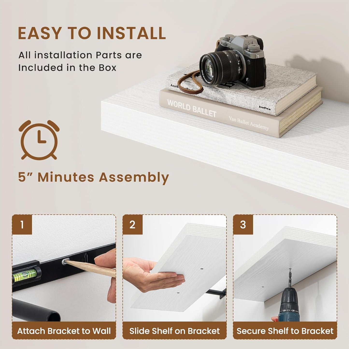 fuqing Floating Shelves for Wall, Bathroom Shelf Wall Mounted for Storage, Shelves with Invisible Bracket for Bedroom, Kitchen, Living Room, Farmhouse Small Book Shelf, 36 Inch Set of 2, White