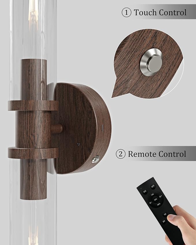 Rayogale Walnut Wireless Battery Operated Wall Sconces with Remote Control | Glass Rechargeable Wall Lights Set of 2 with Timer Function Dimmable for Living Room Bedroom Emergency 3000K, 20.5 Inch