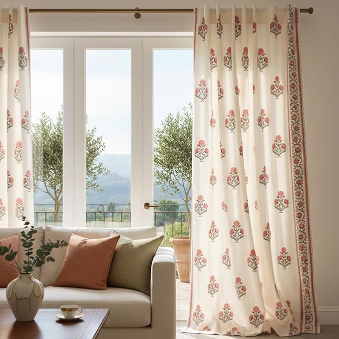 ATOSII 100% Cotton Single Panel Block Print Curtain, Easy Hanging with Rod Pocket & Loop, Living Room, Dining Room, Bedroom Light Filtering Boho Curtains, Set of 1, 60" W X 108" L, Flora Pink Poppy