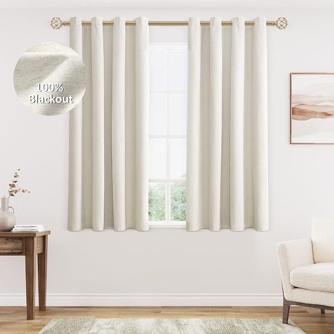 Jowels Cream Linen Blackout Curtains 45 Length 2 Panels Set for Living Room Bedroom, 100% Black Out Thermal Insulated Linen Drapes, Room Darkening Grommet Curtains 45 Inches Long Natural Beige