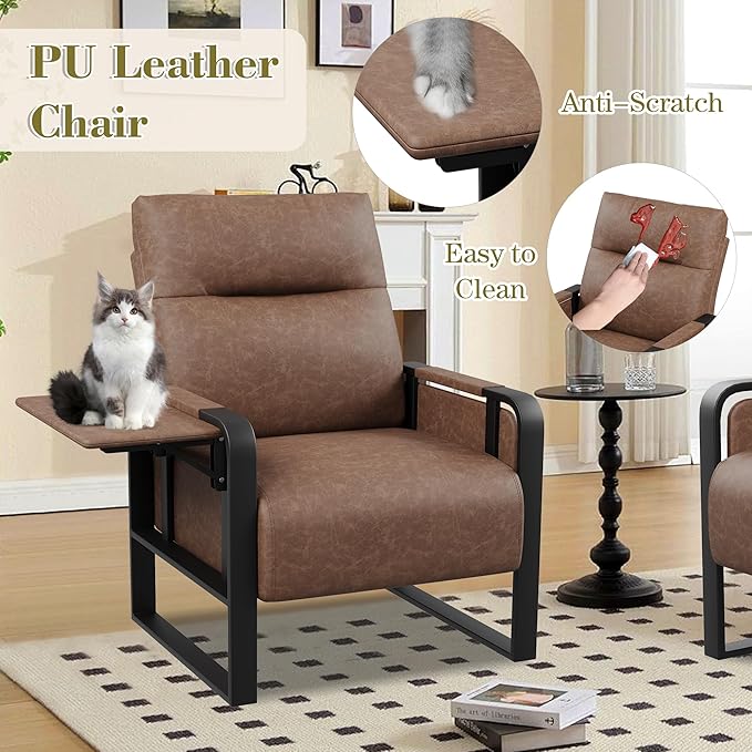 Modern PU Leather Accent Chairs Set of 2 Upholstered Armchairs with Tray Table Leisure Side Chairs for Living Room Bedroom Office Dark Brown