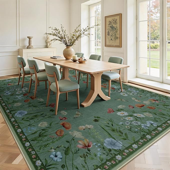 8x10 Area Rugs, Machine Washable Low Pile Floral Rugs for Living Room, Bedroom, Large Area Rug with Non-Slip Backing for Dining Room(Green)