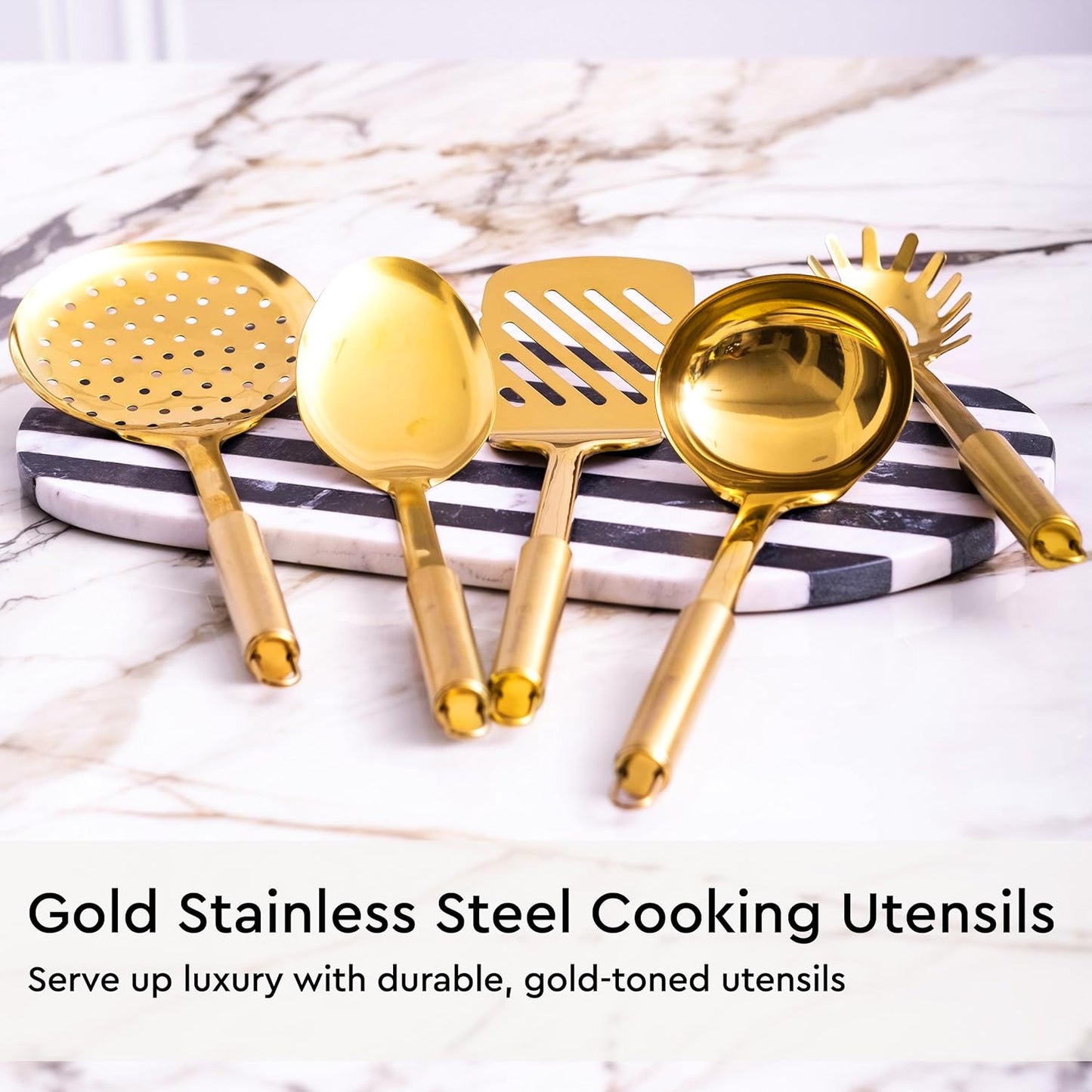 Gold Kitchen Utensils Set - 19-Piece Set Includes Stainless Steel Gold Utensils, White Silicone Tools, and Measuring Cups and Spoons - Luxury Kitchen Accessories for Modern Cooking, Serving, & Gifting