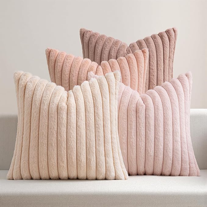 MIULEE Faux Fur Plush Decorative Throw Pillow Covers 24x24 Set of 4, Valentine's Day Cute Modern Soft Romantic Fuzzy Striped Cushion Covers Girl for Sofa Couch Bed Living Room Cozy Home Decor,Pink