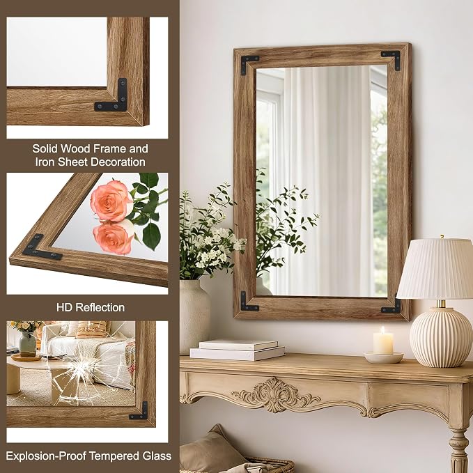 AMOISE Farmhouse Bathroom Vanity Mirror, 36" x 24" Wood Frame Wall Mirror, Vintage Rustic Decor for Entryway, Bedroom, Living Room, Vertical or Horizontal Hanging