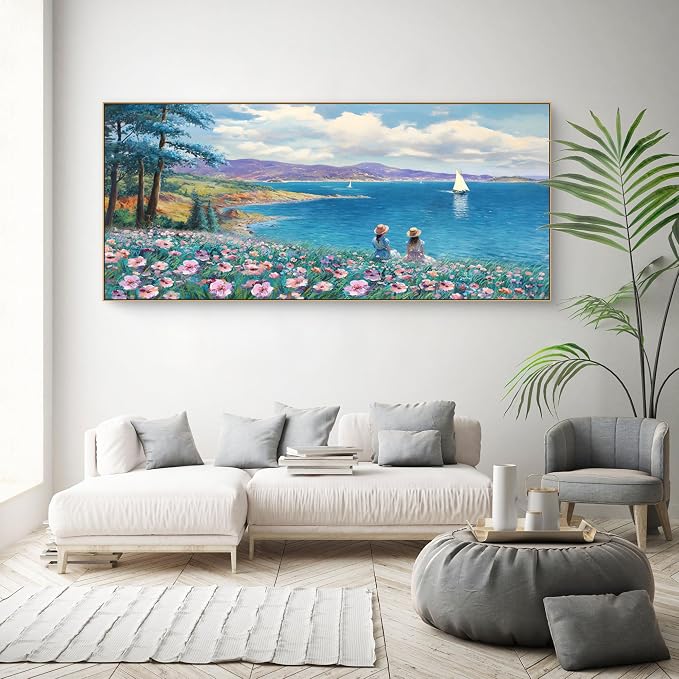 Large Framed Wall Art for Living Room Mountains Ocean Canvas Picture | Extra Large 70x31 Inches Rustic style Seascape Pink Flower Tree Sailboat Mountain Decor for Bedroom Office Home Decoration