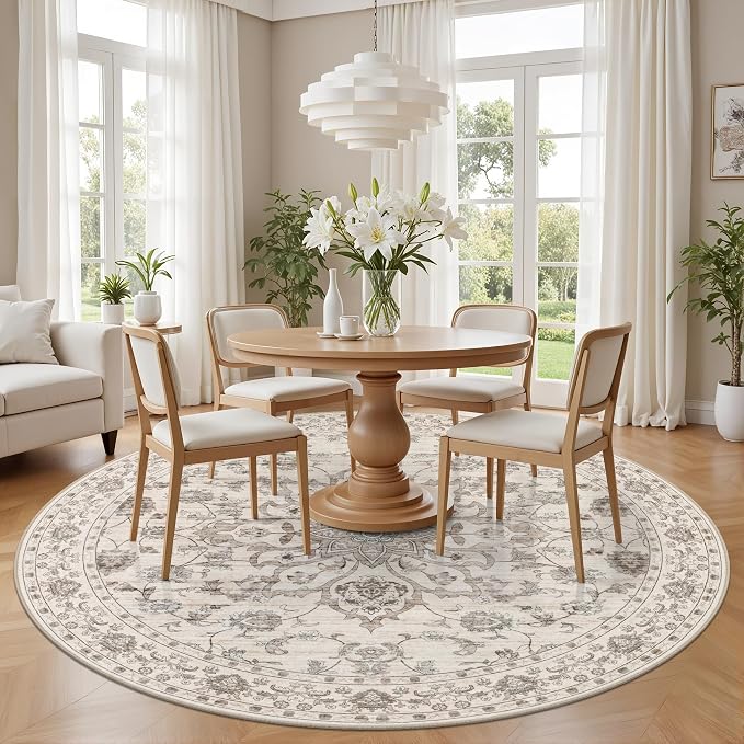 Round Area Rug for Living Room: 8 ft Washable Vintage Boho Soft Thin Circle Rug Indoor Floor No Slip Stain Resistant Carpet for Bedroom Dining Room Farmhouse Nursery Home Office -Brown Beige