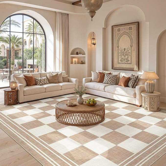 cotiled Washable Area Rugs 10x14 Living Room | Non Slip Backing, Stain Resistant, Pet Friendly, Large Neutral Soft Indoor Carpet For Bedroom, Nursery, Office, Khaki/Brown