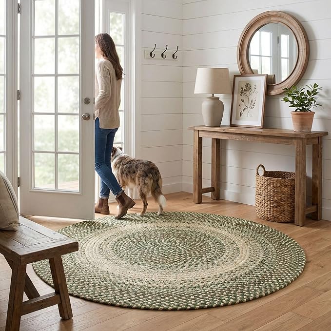 Super Area Rugs Braided Rugs Round 4ft Farmhouse Kitchen Rug - Ridgewood Braided Rug for Dining Room Table - Reversible - Indoor/Outdoor - Made in USA - Forest Green/Beige, 4' Round