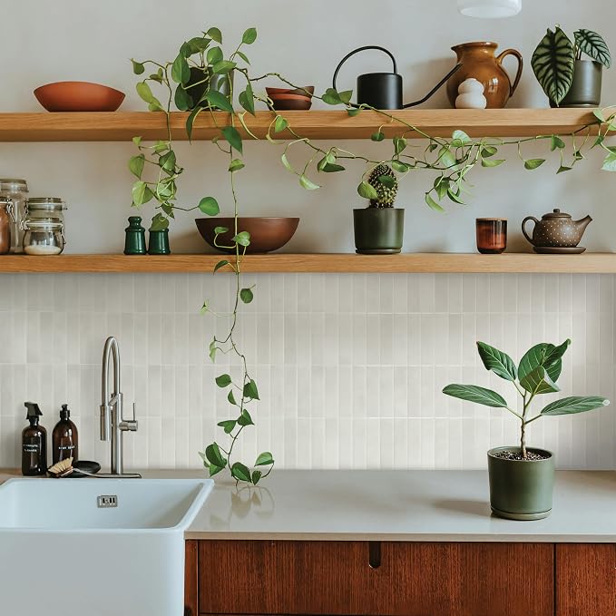 Smart Tiles Peel and Stick backsplash, Stacked White & Grey, 11.43"x9" | Pack of 5 (3.5 sq ft), Glossy, Heat/Moisture Resistant, Low VOC, Kitchen/Bathroom, Renter Friendly, Made in Canada