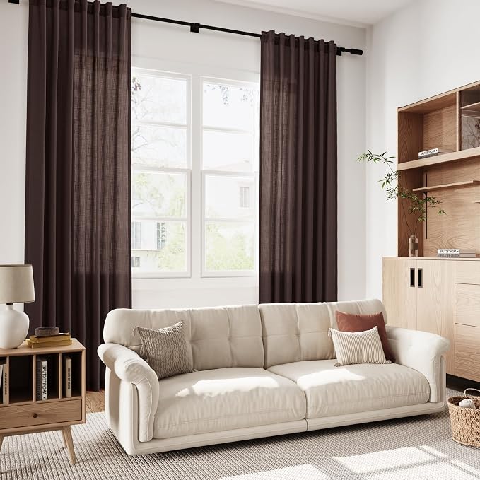 Nanspring Linen Curtains 84 Inch Long for Living Room Back Tab Light Filtering Drapes for Bedroom Office Window Protect Privacy Modern Farmhouse Decor 2 Panels 52x84, Coffee Brown