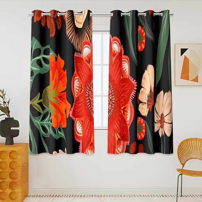 Tyrot 100% Blackout Black Boho Floral Curtains 45 Inch Long 2 Panels Mid Century Modern Botanical Grommet Thermal Insulated Room Darkening Black Out Window Drapes for Kitchen, 52Wx45L