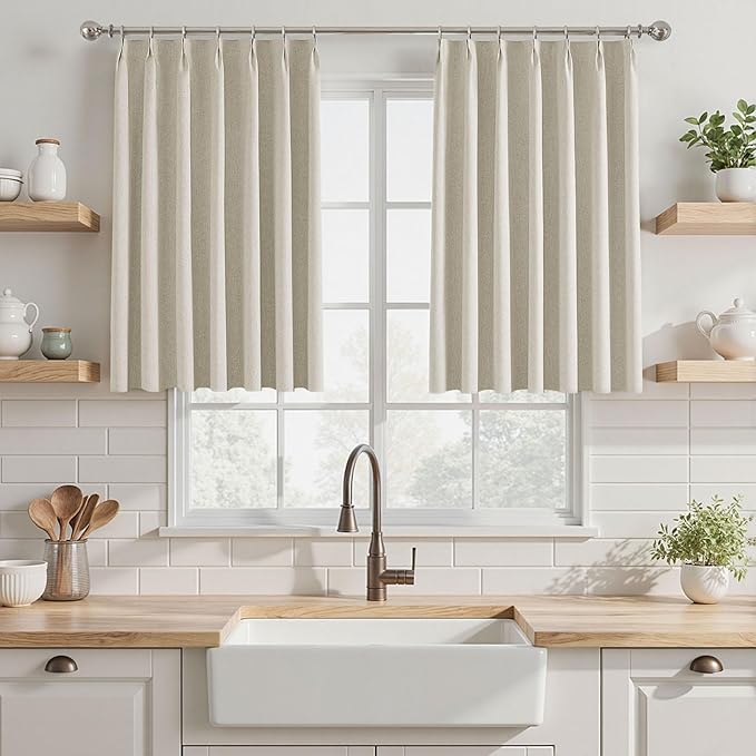 Linen Blackout Curtains 35 Inch Long for Bedroom & Living Room, Natural Drapes Pinch Pleat Noise Reducing Thermal Insulated Room Darkening Black Out Curtain 2 Panels Set with Back Tab