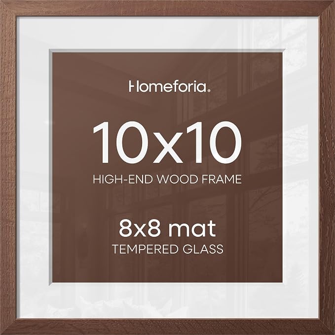 Homeforia 10x10 Picture Frame Brown, High-End Dark Oak 10 x 10 Square Brown Wood Frames with Mat 8 by 8 Photo, 10by10 Wooden Walnut Poster Frame Matted to 8x8 Print, Tempered Glass, Wall Kit, Set of 2