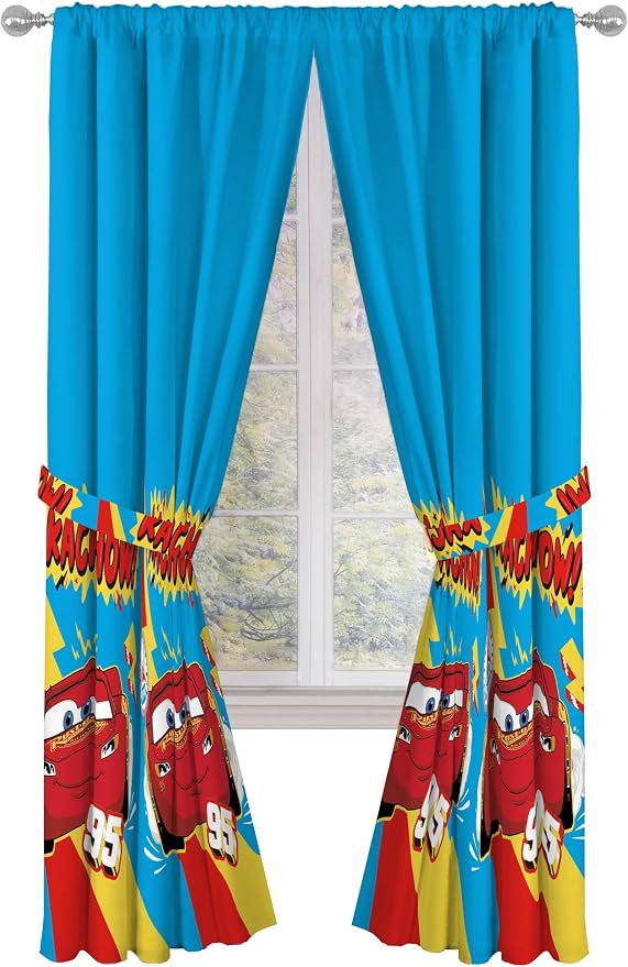 Sunny Side Up Window Curtains for Kids Bedroom 4-Piece Drape Set with 2 Tiebacks, Blue - Cars, 42" W x 84" L (Pack of 2)