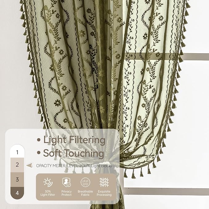 WAZZIO Boho Lace Curtains 2 Panels 63 Inch -Victorian Sheer Panel Drape French Country Floral Pattern & Tassel Light Filtering Privacy for Bedroom Dining Living Room,Coastal Decor,Olive Green,W52x L63