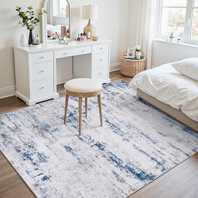 Area Rugs 6x9 Living Room: Large Modern Abstract Washable Rug Soft Anti-Skid Non-Shedding Carpet Indoor Floor Thin Carpets for Bedroom Dining Room Farmhouse Nursery Home Office White Blue Grey