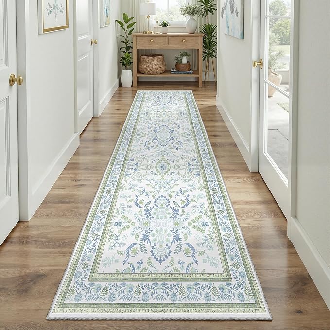 DCX Green and Blue Floral 2x8 Runner Rug, Machine Washable with Non Slip Vintage Backing Hallway Runner Rug Carpet for Nursery Soft Low Pile Stain Resistant, Kitchen, Bathroom