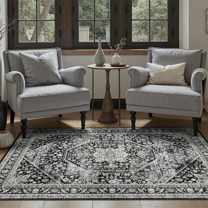 DCX Machine Washable Black Area Rug 4x6, Non Slip Stain Resistant Vintage Floral Rug for Living Room Bedroom Dining Room, Soft Low Pile Large Carpet