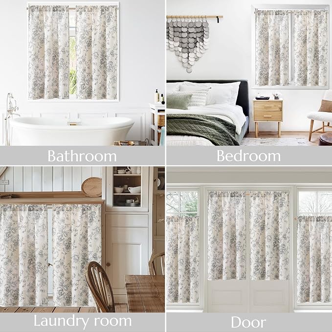 jinchan Floral Linen Tier Curtains 45 Inch Farmhouse Botanic Cafe Drapes for Small Windows Rustic Half Window Curtains for Kitchen Living Room Bathroom Laundry 2 Panels Grey on Beige