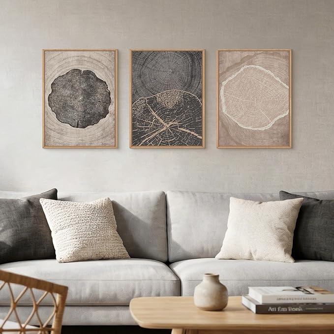HOURIA Neutral Brown Tree Rings Framed Canvas Wall Art Set,Vintage Abstract Dark Gray Wood Stump Wall Decor,Modern Minimalist Wood Grain Slice Artwork for Living Room,Bedroom,Farmhouse- 12"x16"x3