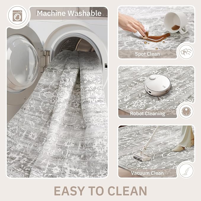 Soalmost 5x7 Area Rugs for Living Room, Washable Bedroom Soft Rug Grey | Vintage Floral Non-Slip Low Pile Throw Large Neutral Carpet for Dining Room Kitchen Home Office Nursery 5'x7'
